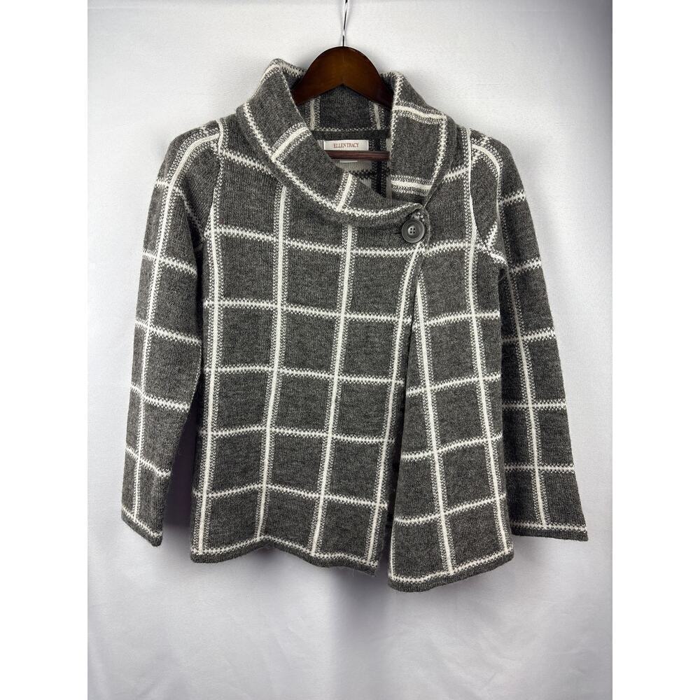 Women’s Ellen Tracy Small Grey w/ White Plaid Knit Single Button Sweater